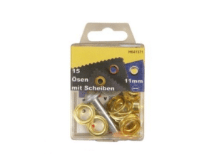 15 Ösen mit Scheiben und Werkzeug Messing 11mm rostfrei