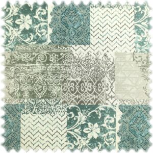 Jacquard Flachgewebe Möbelstoff Klassik Perlweiss / Grün / Petrol im Patchwork Design